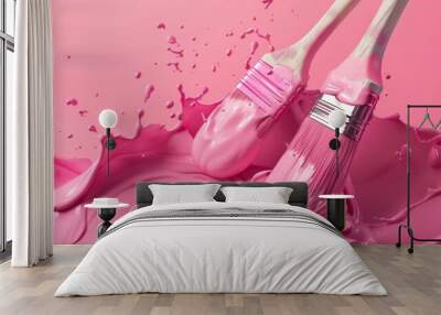 Two paint brushes splashing in pink paint Wall mural