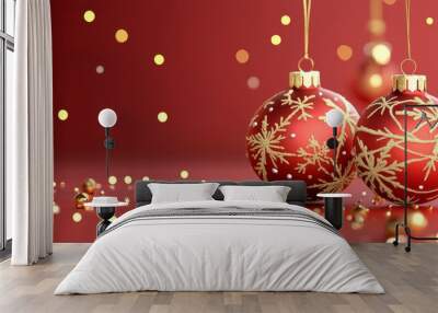 Two red Christmas ornaments with gold snowflake designs, hanging against a red background with falling gold confetti. Wall mural