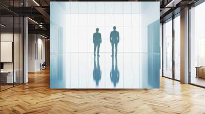 Two silhouetted figures stand in a modern office, reflecting a sense of professional collaboration and innovation. Wall mural