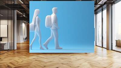 Two stylized figures, a man and woman, walk side-by-side on a blue background. They both wear backpacks and are facing the same direction. Wall mural