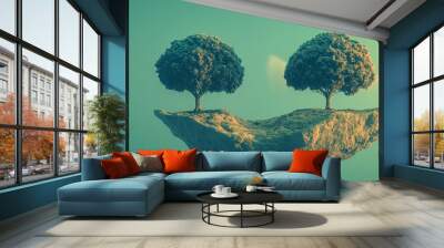 Two trees on a floating island with a green sky. Wall mural