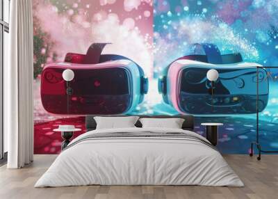 Two VR headsets with red and blue backgrounds. Wall mural