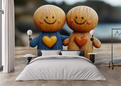 Two wooden figurines with smiling faces and colorful hearts symbolize friendship and love in a serene outdoor setting. Wall mural