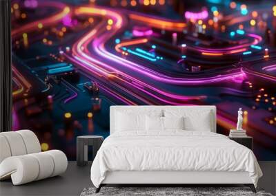 Vibrant circuit board with glowing neon pathways and intricate details, showcasing technology and modern design. Wall mural