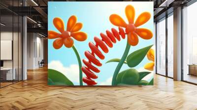 Vibrant garden scene showcasing colorful flowers and a whimsical red spring, under a bright blue sky. Wall mural