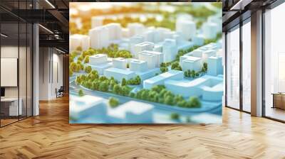 White model city with green trees and blue roads. Wall mural