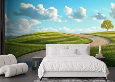 Winding path through green hills under a blue sky with white clouds. Wall mural