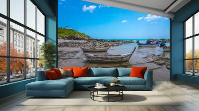 Wooden Boat With Sea Scenery Wall mural