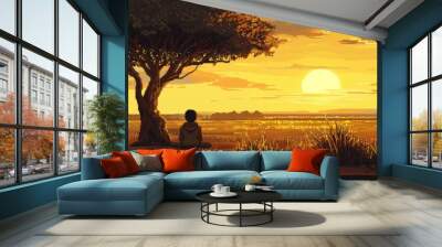 A black African boy peacefully sits under a tree at sunset Wall mural