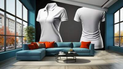 Blank polo T shirt for women template, white color with dark background Wall mural