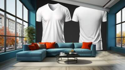 Blank V-neck tshirt for men template, white color shirt, black dark background Wall mural