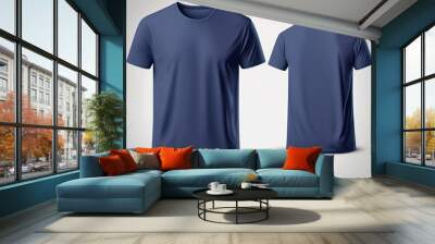 Dark blue blank men T-shirt template with invisible model body, empty crewneck shirt front and back view Wall mural