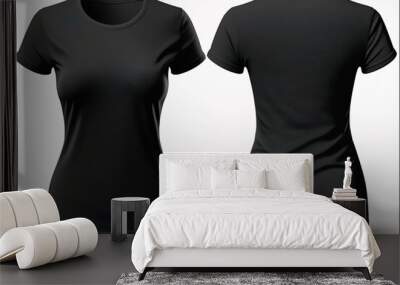 Female empty black T-shirt template invisible model body, empty crewneck shirt front and back view Wall mural