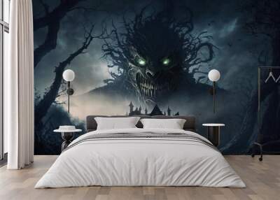 Haunted house, dark and scary house with big horror face , generative ai Wall mural