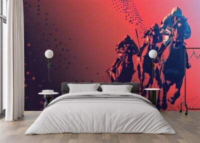 Illustration of racehorse at full speed on a racetrack, with a dynamic red and orange background. Wall mural