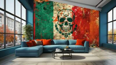 Mexican flag adorned with a vibrant skull design for Cinco de Mayo celebration Wall mural