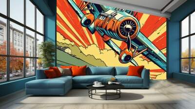 Plane in comic pop art style illustration, generative ai Wall mural