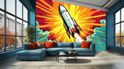 Rocket in comic pop art style illustration, generative ai Wall mural