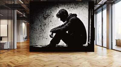 Silhouette of a lonely man sitting on a dark, generative ai Wall mural