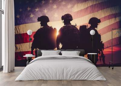 Silhouette of soldiers with an American flag on sunset background on dusty dessert war generative ai
 Wall mural