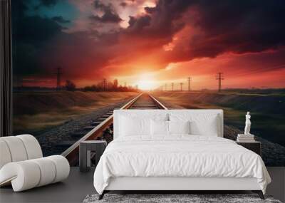 train railway illustration background with sunset, generative ai Wall mural