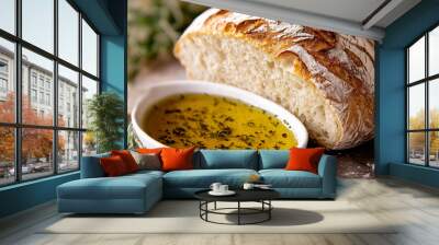 Artisan Bread with Herb-Infused Olive Oil - Fresh Rustic Loaf Paired with Seasoned Olive Oil Dip for a Gourmet Appetizer. Image made using Generative AI Wall mural