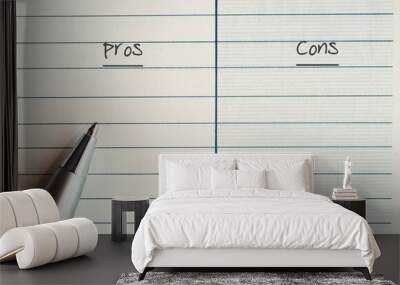 A silver pen on a line note paper with two choices to choose between PROS and  CONS - concept of comparing something to know its advantages and disadvantages to consider and make a sensible decision Wall mural