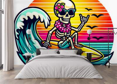 A cool, cartoon-style skeleton riding a surfboard on a large wave, wearing sunglasses and a tropical flower lei t-shirt design vector art illustration image.
 Wall mural