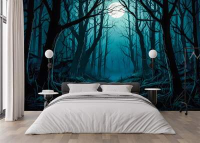 A dense, eerie forest under a full moon, with twisted trees, glowing eyes peeking from the shadows vector art illustration image.

 Wall mural