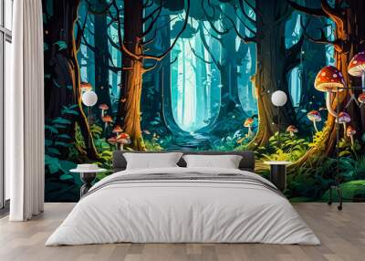 A dense forest filled with towering trees, magical creatures peeking from behind trunks, glowing mushroom vector art illustration image.
 Wall mural