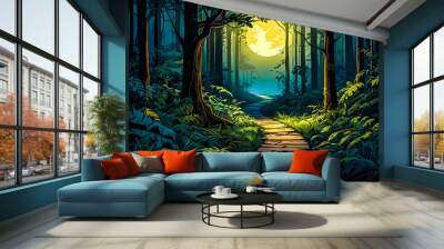 A narrow, winding path through the dense forest, lit by beams of moonlight breaking through the thick canopy minimalist vector art illustration images.
 Wall mural