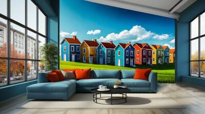 A row of colorful houses on the edge of a green field with a blue sky overhead minimalist vector art illustration images
 Wall mural