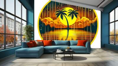 A scene with a palm tree silhouetted against a vintage sunset, with rain falling lightly minimalist vector art illustration images on a white background.
 Wall mural