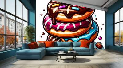 A stack of three chocolate doughnuts, each with different toppings like rainbow sprinkles, nuts, and chocolate drizzle vector art illustration on a white background.
 Wall mural