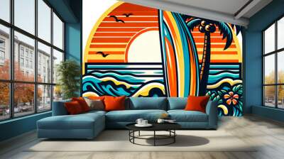 Illustrate a retro-style surfboard with waves and a sunset watercolor vector painting art illustration images.
 Wall mural