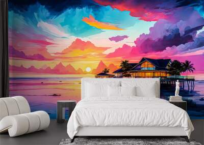 Luxury resort villas seascape with soft led lights under colorful sky watercolor vector painting art illustration images.
 Wall mural