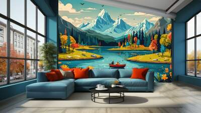 transport viewers to a whimsical world where a character frolics by a mountain lake, surrounded by v Wall mural