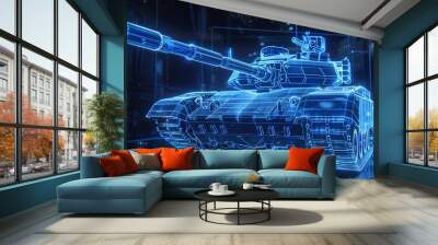 3D rendering illustration Tank blueprint glowing neon hologram futuristic show technology security for premium product business finance Wall mural