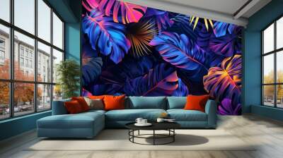 A colorful background of leaves and flowers with a blue and orange hue Wall mural