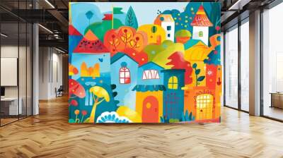 A colorful drawing of a town with houses and trees Wall mural