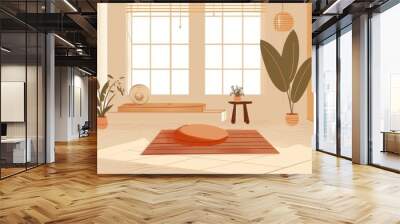 A cozy room with a wooden floor, large windows, a bench, a round cushion, two potted plants, and a hanging lamp. Wall mural