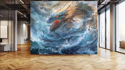 A dragon is swimming in the ocean with its mouth open Wall mural