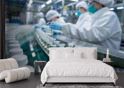 A group of people in white lab coats are working on a production line Wall mural