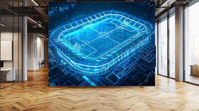 A holographic blueprint of a football stadium, its iconic form outlined in intricate neon blue patterns, suspended against a dark void. Wall mural