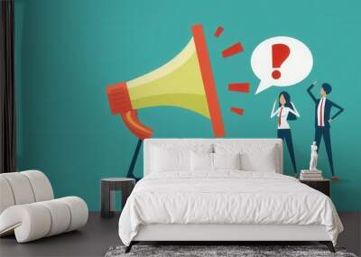 A large megaphone blasts out a message, while two individuals listen with concern, a question mark above their heads. Wall mural