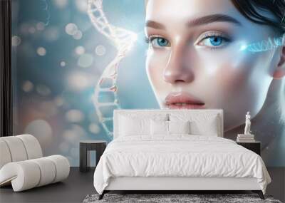 A young woman is seen in profile, her face illuminated by the glow of an AI interface that has digital lines and dots connecting to create facial features on top of a double helix DNA structure. Wall mural