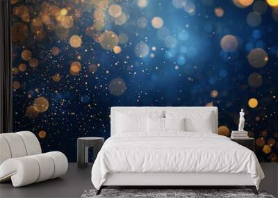 Abstract background with dark blue and gold particles, golden Christmas light particles shine bokeh on a dark blue background, gold foil texture concept. Wall mural