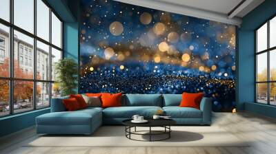 Abstract background with dark blue and gold particles, golden Christmas light particles shine bokeh on a dark blue background, gold foil texture concept. Wall mural