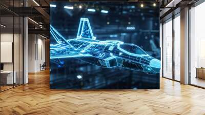 An illustration of fighter jet in blue print wireframe , A fighter jet is depicted in the center of an air battle map with data and holographic images against a dark blue background Wall mural