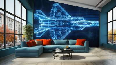 An illustration of fighter jet in blue print wireframe , A fighter jet is depicted in the center of an air battle map with data and holographic images against a dark blue background Wall mural